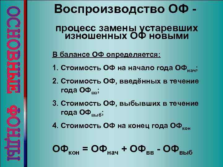 Воспроизводство ОФ процесс замены устаревших изношенных ОФ новыми В балансе ОФ определяется: 1. Стоимость