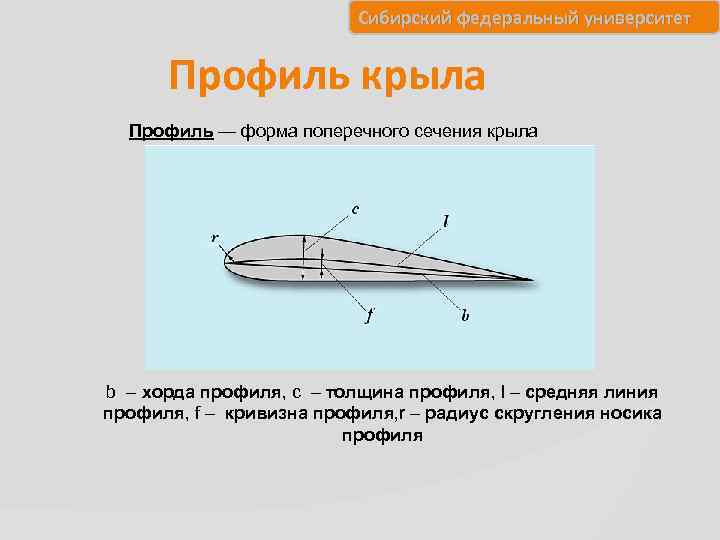 Сибирский федеральный университет Профиль крыла Профиль — форма поперечного сечения крыла b – хорда