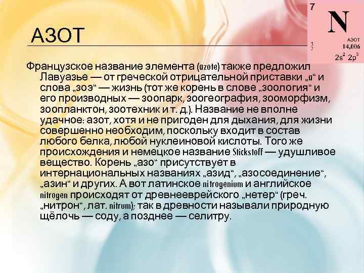 АЗОТ Французское название элемента (azote) также предложил Лавуазье — от греческой отрицательной приставки „a“