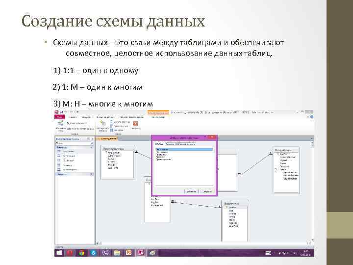 Создание схемы данных • Схемы данных – это связи между таблицами и обеспечивают совместное,