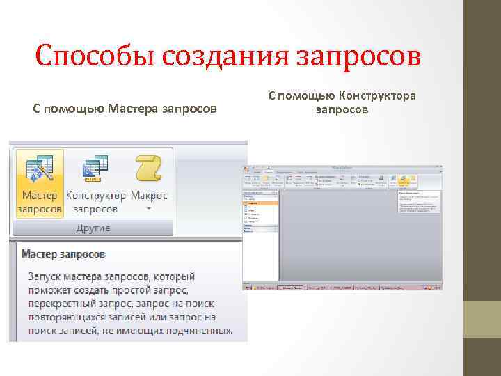 Способы создания запросов С помощью Мастера запросов С помощью Конструктора запросов 