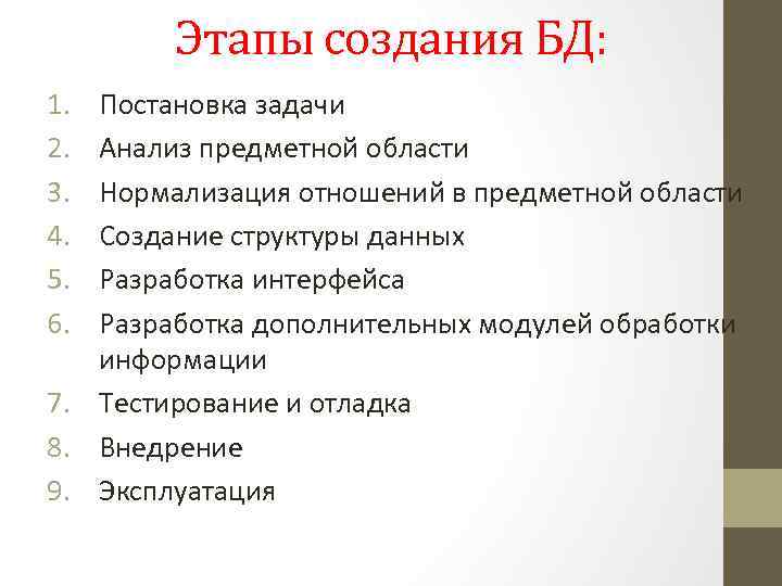 Этапы создания БД: 1. 2. 3. 4. 5. 6. Постановка задачи Анализ предметной области