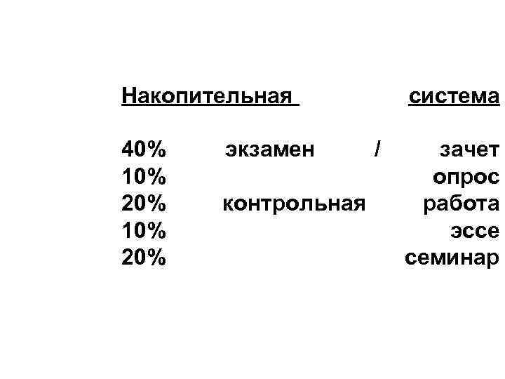Накопительная 40% 10% 20% экзамен контрольная система / зачет опрос работа эссе семинар 