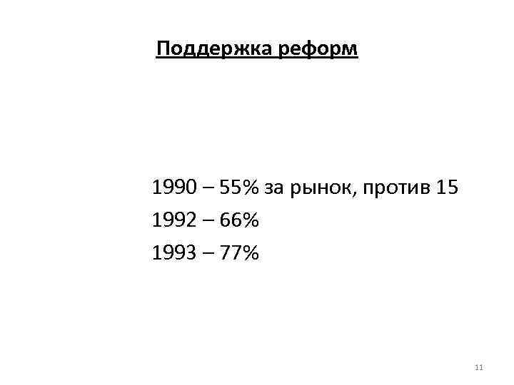 Поддержка реформ 1990 – 55% за рынок, против 15 1992 – 66% 1993 –