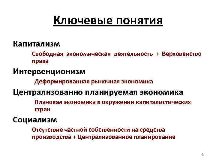 Ключевые понятия Капитализм Свободная экономическая деятельность + Верховенство права Интервенционизм Деформированная рыночная экономика Централизованно