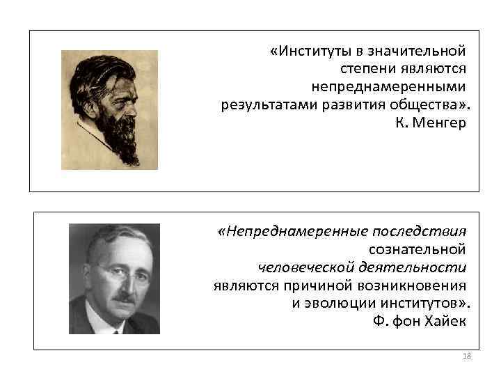  «Институты в значительной степени являются непреднамеренными результатами развития общества» . К. Менгер «Непреднамеренные