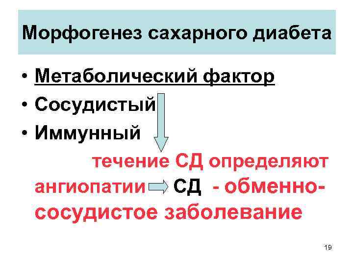 Морфогенез сахарного диабета • Метаболический фактор • Сосудистый • Иммунный течение СД определяют ангиопатии