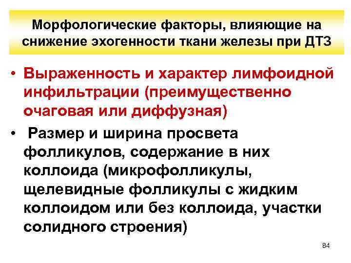 Морфологические факторы, влияющие на снижение эхогенности ткани железы при ДТЗ • Выраженность и характер