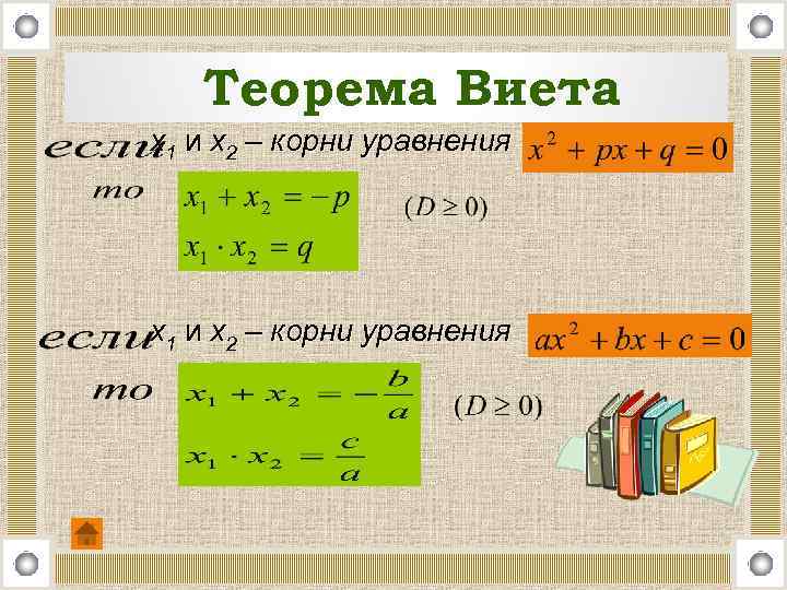 Теорема Виета x 1 и х2 – корни уравнения 