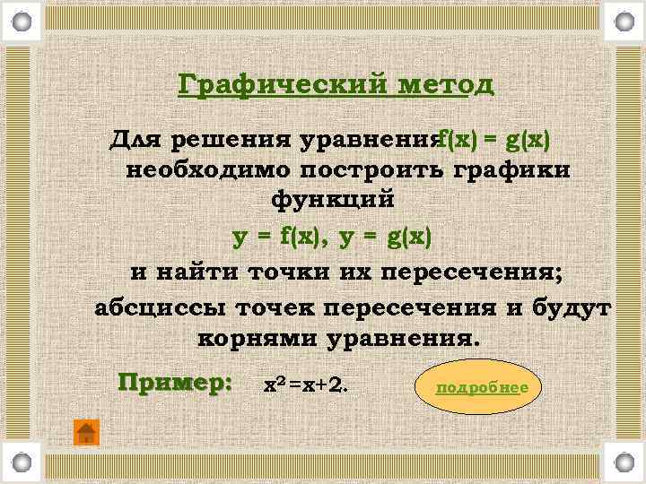 Графический метод Для решения уравнения = g(x) f(x) необходимо построить графики функций y =