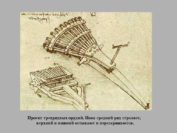 Проект трехрядных орудий. Пока средний ряд стреляет, верхний и нижний остывают и перезаряжаются. 