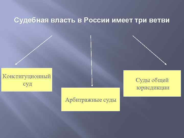 Судебная власть в России имеет три ветви Конституционный суд Суды общей юрисдикции Арбитражные суды