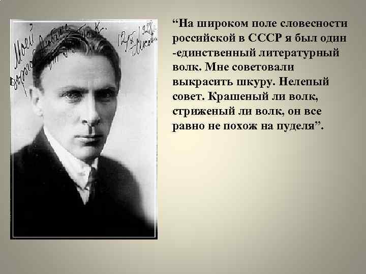 “На широком поле словесности российской в СССР я был один -единственный литературный волк. Мне