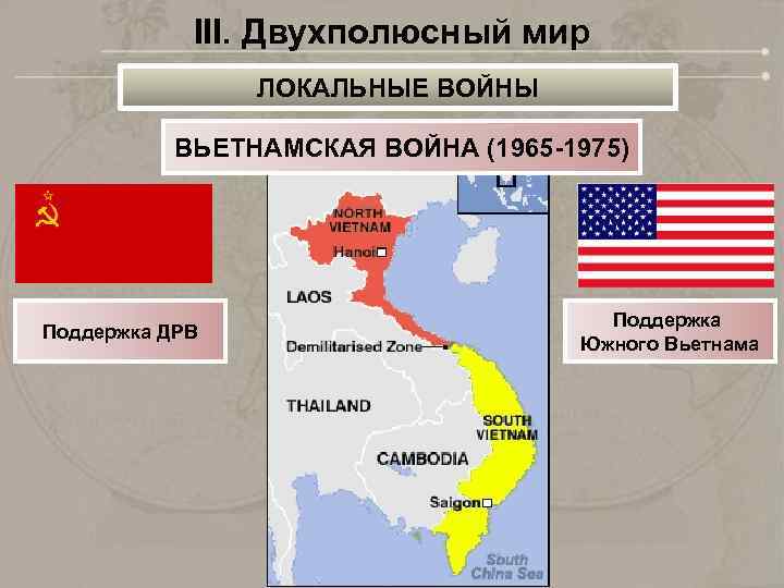 III. Двухполюсный мир ЛОКАЛЬНЫЕ ВОЙНЫ ВЬЕТНАМСКАЯ ВОЙНА (1965 -1975) Поддержка ДРВ Поддержка Южного Вьетнама