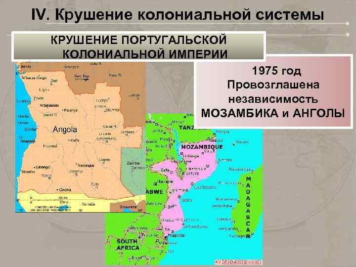 IV. Крушение колониальной системы КРУШЕНИЕ ПОРТУГАЛЬСКОЙ КОЛОНИАЛЬНОЙ ИМПЕРИИ 1975 год Провозглашена независимость МОЗАМБИКА и