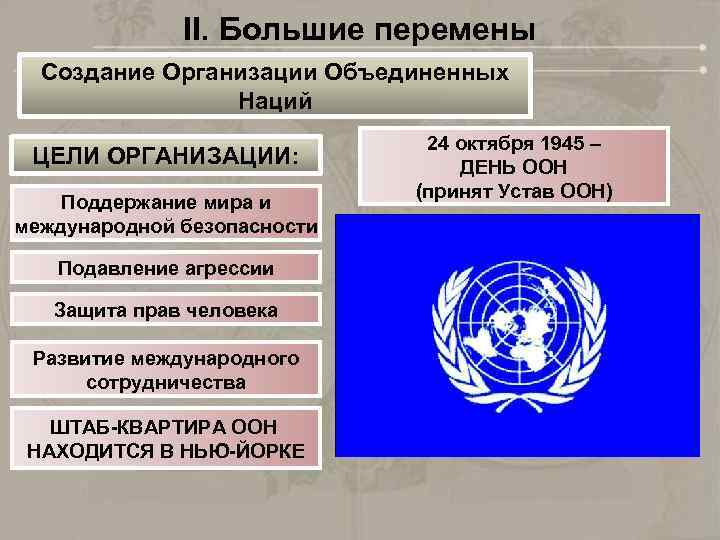 II. Большие перемены Создание Организации Объединенных Наций ЦЕЛИ ОРГАНИЗАЦИИ: Поддержание мира и международной безопасности