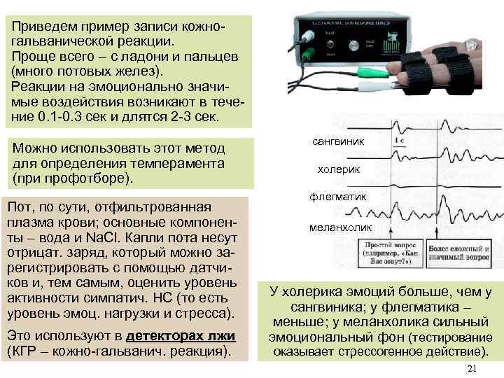 Приведем пример записи кожногальванической реакции. Проще всего – с ладони и пальцев (много потовых