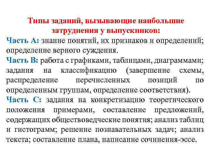 Типы заданий, вызывающие наибольшие затруднения у выпускников: Часть А: знание понятий, их признаков и
