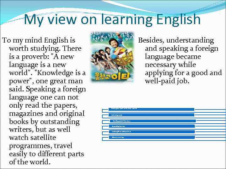My view on learning English To my mind English is worth studying. There is