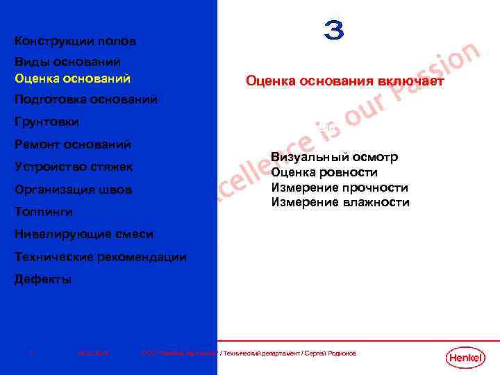 Конструкции полов Виды оснований Оценка основания включает Подготовка оснований Грунтовки Основные операции: Ремонт оснований