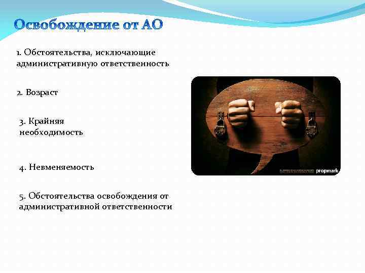 1. Обстоятельства, исключающие административную ответственность 2. Возраст 3. Крайняя необходимость 4. Невменяемость 5. Обстоятельства