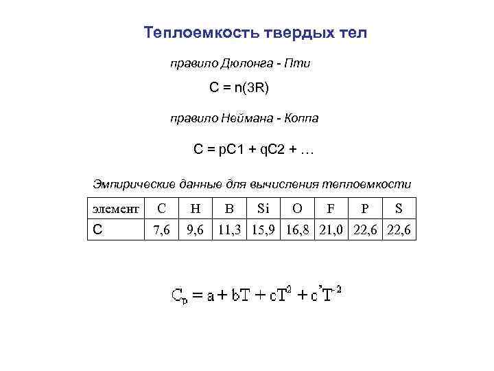 Теплоемкость твердых тел правило Дюлонга - Пти C = n(3 R) правило Неймана -