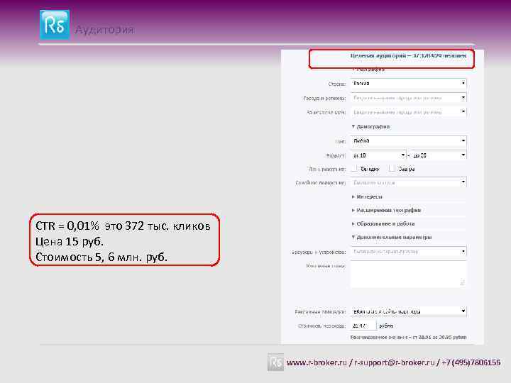 Аудитория CTR = 0, 01% это 372 тыс. кликов Цена 15 руб. Стоимость 5,