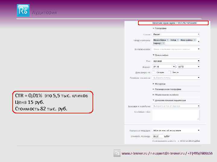 Аудитория CTR = 0, 01% это 5, 5 тыс. кликов Цена 15 руб. Стоимость