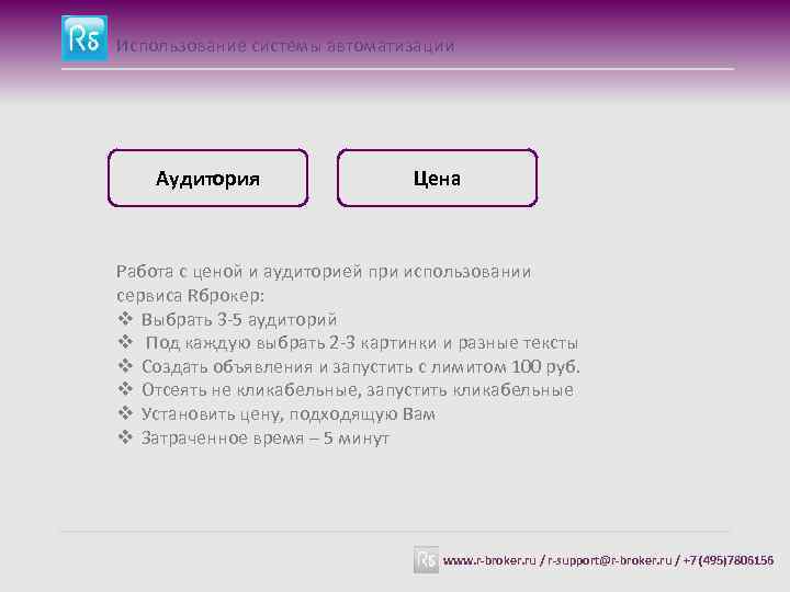 Использование системы автоматизации Аудитория Цена Работа с ценой и аудиторией при использовании сервиса Rброкер: