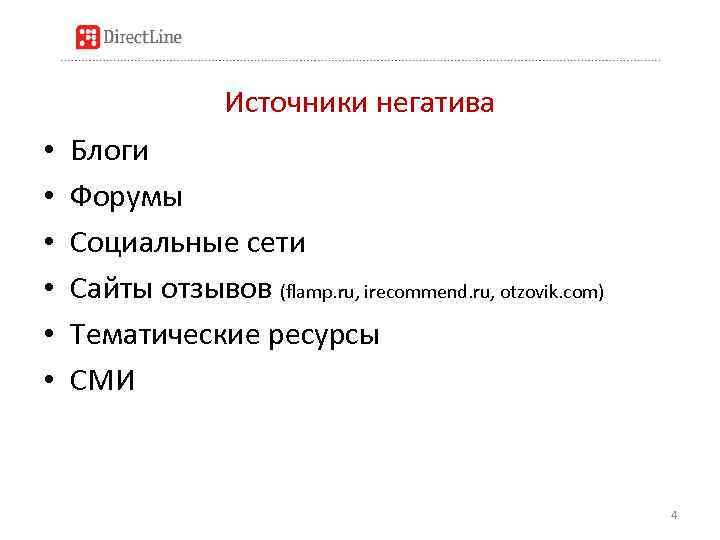 Источники негатива • • • Блоги Форумы Социальные сети Сайты отзывов (flamp. ru, irecommend.