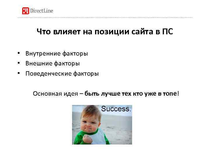 Что влияет на позиции сайта в ПС • Внутренние факторы • Внешние факторы •