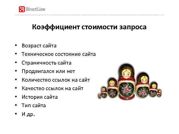 Коэффициент стоимости запроса • • • Возраст сайта Техническое состояние сайта Страничность сайта Продвигался
