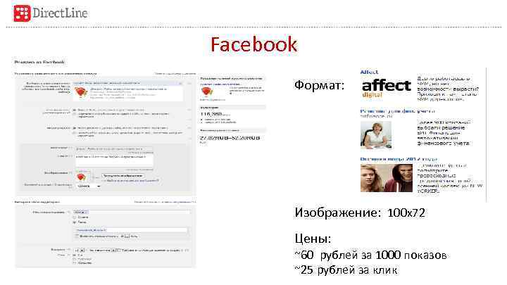 Facebook Формат: Изображение: 100 х72 Цены: ~60 рублей за 1000 показов ~25 рублей за
