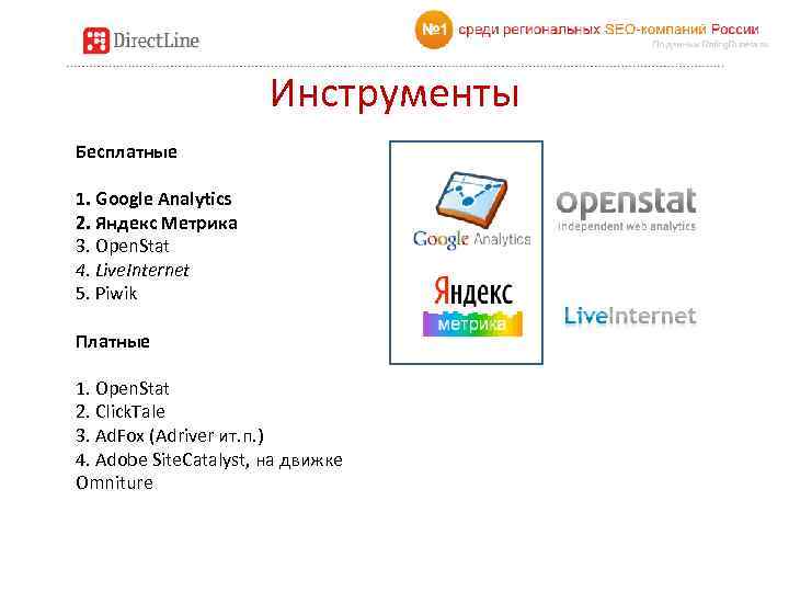 Инструменты Бесплатные 1. Google Analytics 2. Яндекс Метрика 3. Open. Stat 4. Live. Internet