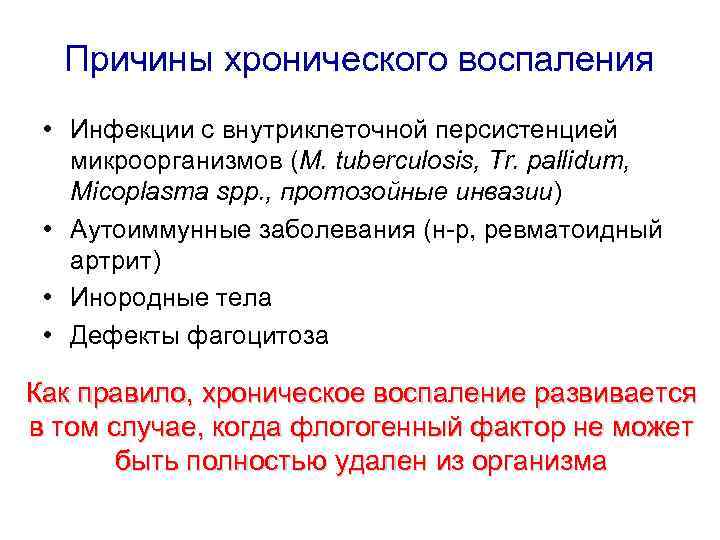 Причины хронического воспаления • Инфекции с внутриклеточной персистенцией микроорганизмов (M. tuberculosis, Tr. pallidum, Micoplasma