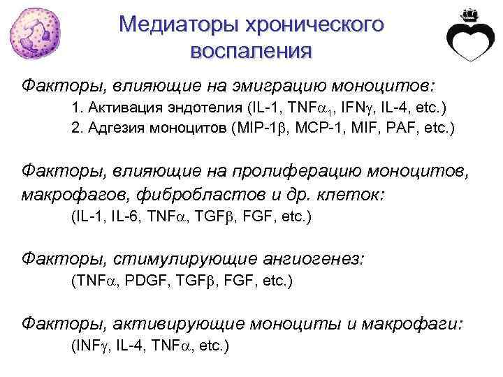 Медиаторы хронического воспаления Факторы, влияющие на эмиграцию моноцитов: 1. Активация эндотелия (IL-1, TNF 1,