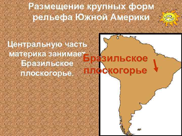 Размещение крупных форм рельефа Южной Америки Центральную часть материка занимает Бразильское плоскогорье 