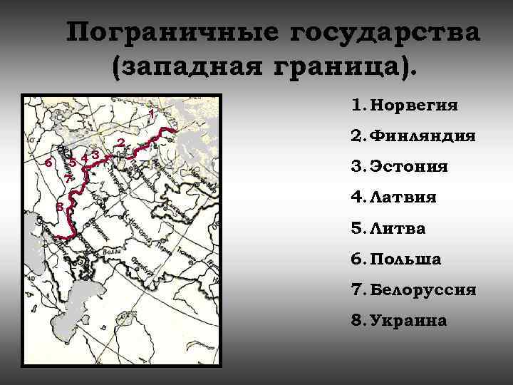 Пограничные государства (западная граница). 1 6 54 7 8 3 2 1. Норвегия 2.