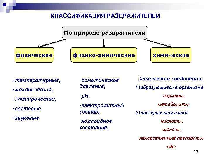 КЛАССИФИКАЦИЯ РАЗДРАЖИТЕЛЕЙ По природе раздражителя физические -температурные, -механические, -электрические, -световые, -звуковые физико-химические -осмотическое давление,