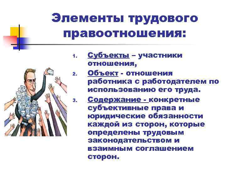 Пример правоотношения назовите его участников объекта содержания