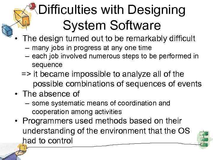 Difficulties with Designing System Software • The design turned out to be remarkably difficult