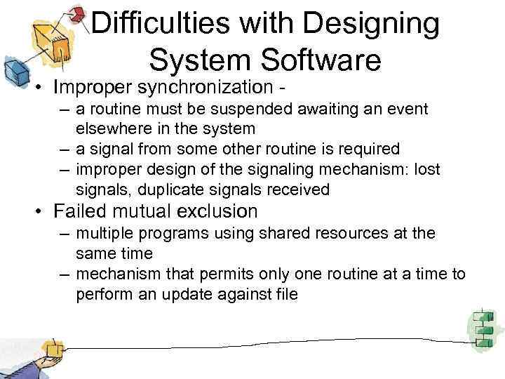 Difficulties with Designing System Software • Improper synchronization - – a routine must be