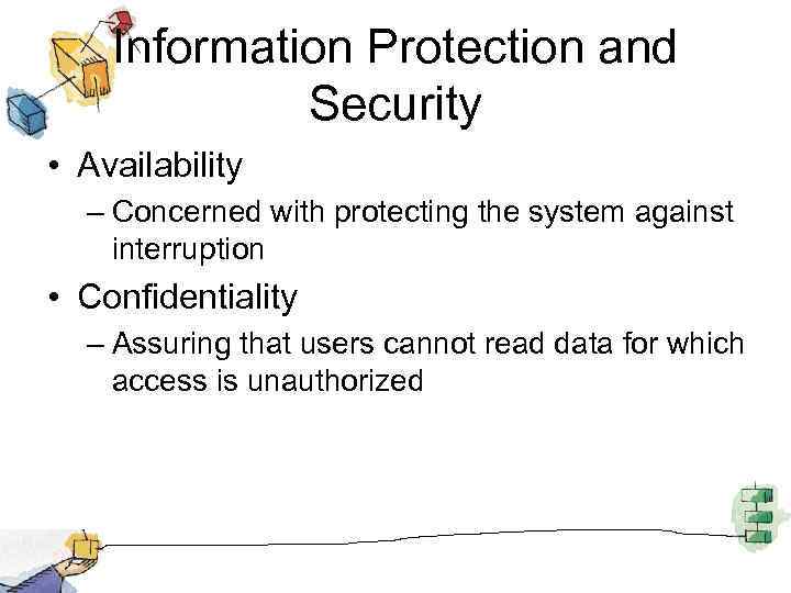Information Protection and Security • Availability – Concerned with protecting the system against interruption