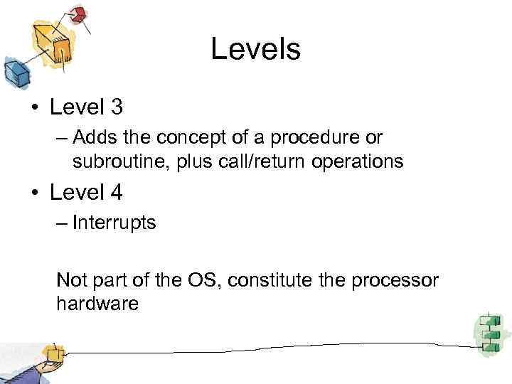 Levels • Level 3 – Adds the concept of a procedure or subroutine, plus