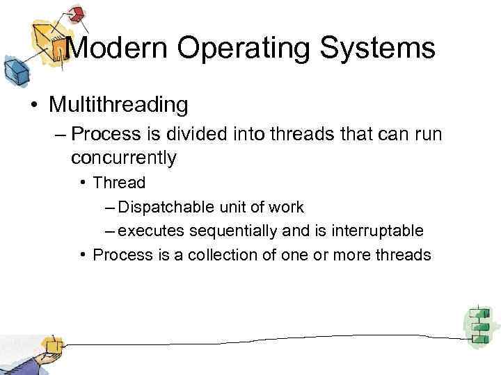 Modern Operating Systems • Multithreading – Process is divided into threads that can run