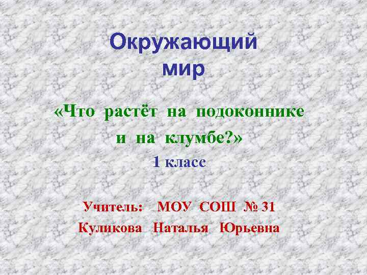 Окружающий мир «Что растёт на подоконнике и на клумбе? » 1 класс Учитель: МОУ