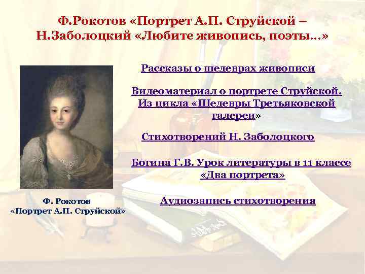 Ф. Рокотов «Портрет А. П. Струйской – Н. Заболоцкий «Любите живопись, поэты…» Рассказы о