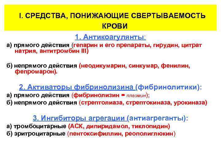 I. СРЕДСТВА, ПОНИЖАЮЩИЕ СВЕРТЫВАЕМОСТЬ КРОВИ 1. Антикоагулянты: а) прямого действия (гепарин и его препараты,