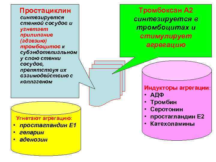 Простациклин синтезируется стенкой сосудов и угнетает прилипание (адгезию) тромбоцитов к субэндотелиальном у слою стенки