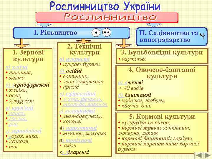 І. Рільництво 1. Зернові культури а) хлібні • пшениця, • жито б) зернофуражні •
